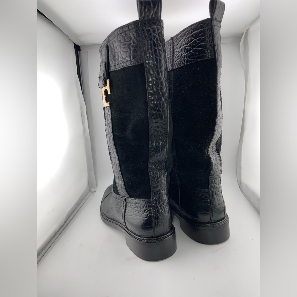 Tory Burch Corey Mid Calf Flat Leather Embossed Black  Suede Boots Size 7M​​​​​​ - Picture 3 of 13